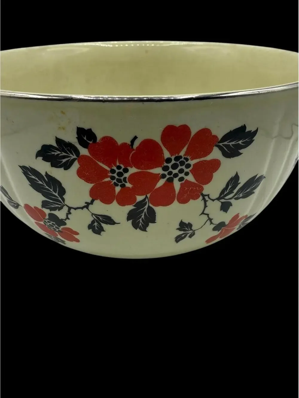 Vintage 1940s Hall China Mixing Bow, Red Poppy Pattern, Silver Rim